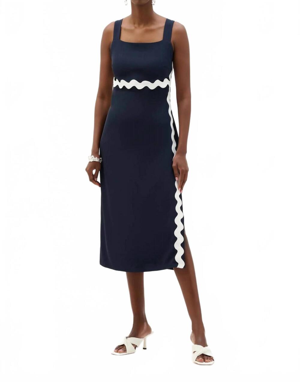 NEW JOSEPH RIBKOFF contrast trim square neck midi dress in midnight blue/white